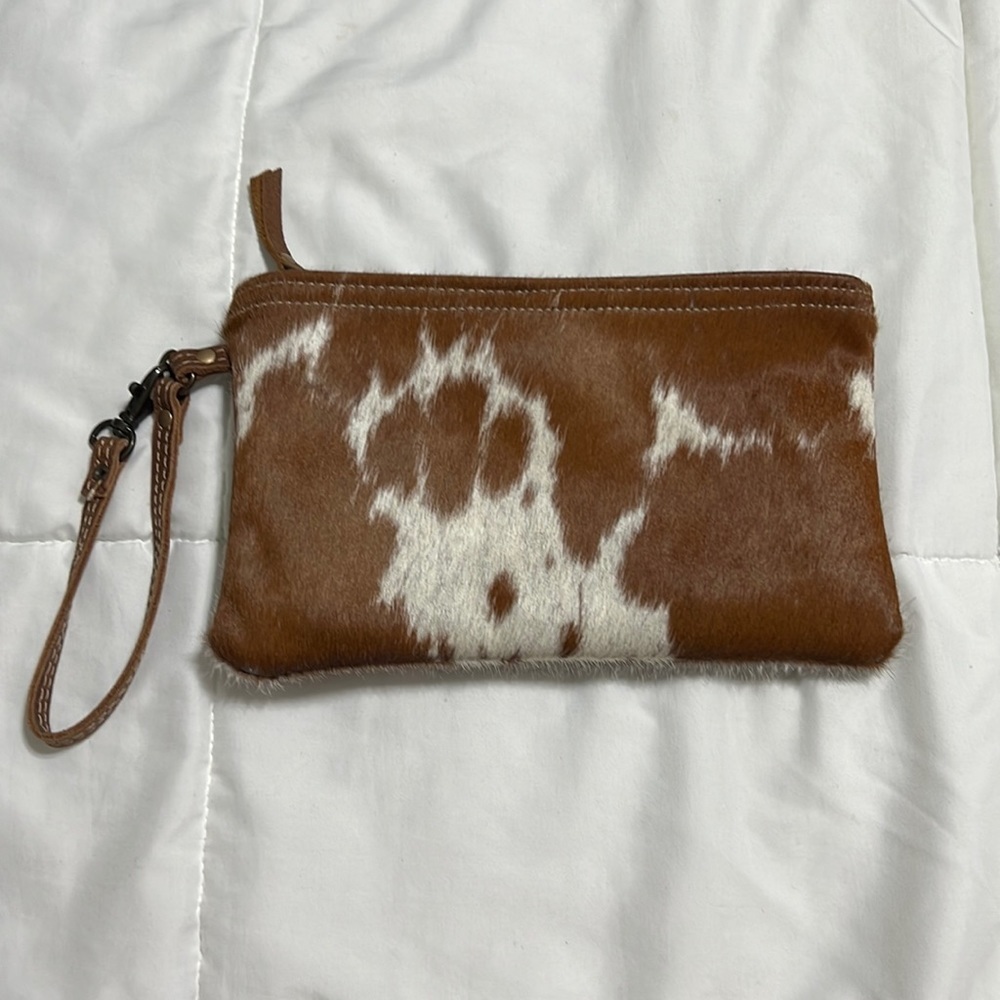Cow Hair & Genuine Leather Myra Bag Lined Pouch Wristlet With Strap and Zipper - Picture 2 of 8